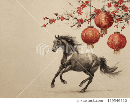 Watercolor horse with lanterns and cherry blossoms Watercolor horse with lanterns and cherry blossoms 129546310