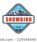 Snowbird ski resort, Utah stamp, emblem with snow covered, Rocky Mountains, vector 129546440