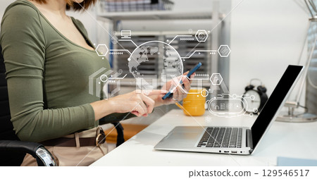 Learning online working concept. woman working on smartphone, searching working in office. Learning online working concept. woman working on smartphone, searching working in office. 129546517
