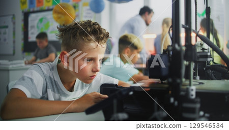 Talented Young Boy Using 3D Printer Touchscreen, Studying Advanced Automated 3D Printing 129546584