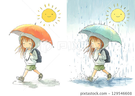 Illustration material of a girl holding an umbrella in sunny and rainy weather 129546608