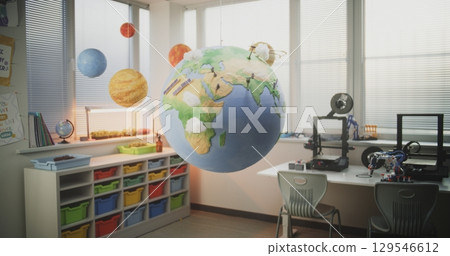 Globe with Miniature 3D Models of Wind Turbines and Solar Panels Hanging in Modern Classroom Globe with Miniature 3D Models of Wind Turbines and Solar Panels Hanging in Modern Classroom 129546612