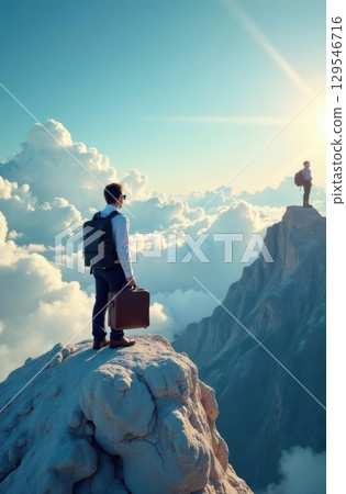Businessmen standing on mountain peaks above clouds looking for success and future opportunities 129546716