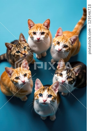 Six cats sitting and looking up on blue background 129546718