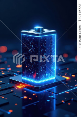 Glowing battery charging on futuristic circuit board in vertical orientation 129546728