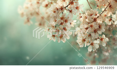A beautiful background image of spring cherry blossom petals fluttering 129546909