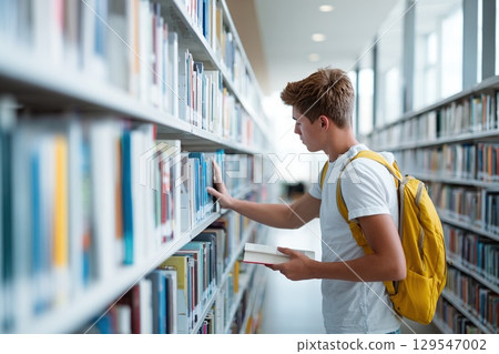 A high school student chooses a book on a bookshelf in a library. Education and knowledge concept. 129547002
