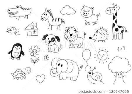 Hand drawn black and white doodle animals for kids Hand drawn black and white doodle animals for kids 129547036