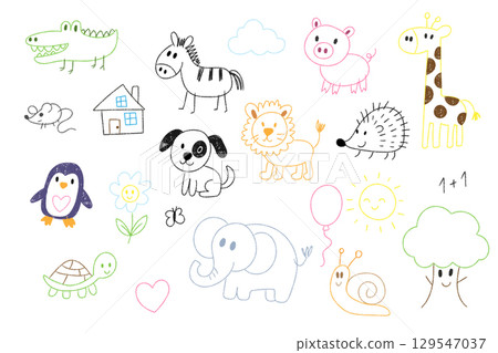 Colorful cartoon doodle animals and nature for kids 129547037