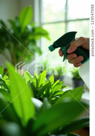 Gardener spraying water on houseplants in front of window 129547098