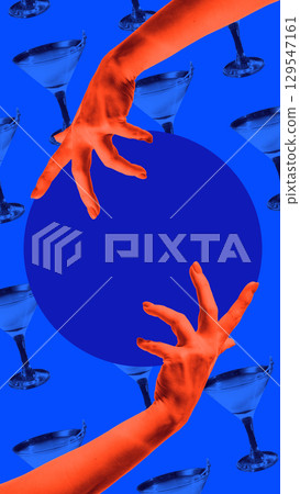 Bold colorful poste. Red hands reaching toward blue circle with martini glasses on bright background 129547161