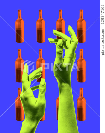 Surreal collage of green hands with orange bottles on vivid blue background 129547162