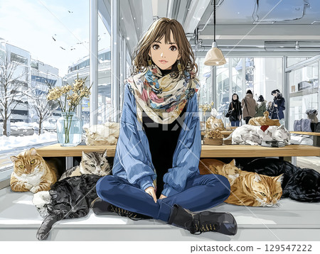 Cat Cafe: Illustration of a smiling woman surrounded by cats 129547222