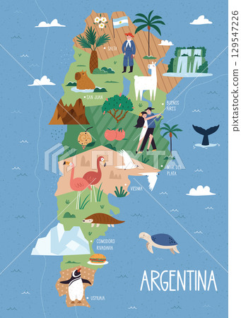 Colorful Illustrated Map of Argentina with Famous Animals, Plants, Landmarks, and Culture Elements 129547226