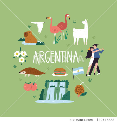 Argentina Icon Set with Cute Animals, Famous Plants, Culture and Landmarks in Flat Cartoon Style 129547228