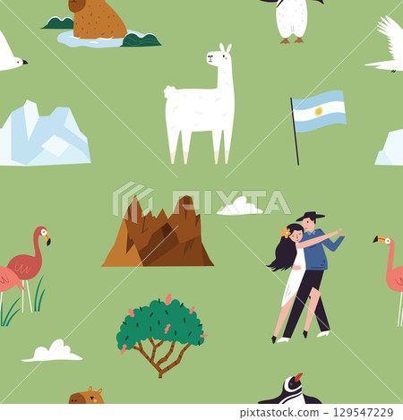 Argentina seamless patterns with landmarks, animals and famous places in flat cartoon vector style on green background. 129547229