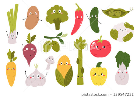 Cute Vegetables Clipart. Funny Cartoon Veggie Characters with Faces. Vector Illustrations Cute Vegetables Clipart. Funny Cartoon Veggie Characters with Faces. Vector Illustrations 129547231