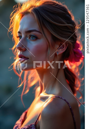Blonde model posing during golden hour photoshoot, showing bare shoulder Blonde model posing during golden hour photoshoot, showing bare shoulder 129547361