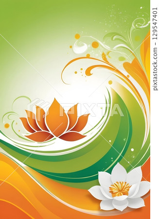 Abstract Indian Flag Colors with Lotus Flowers and Sunburst ideal for banners, cards, and presentations. 129547401