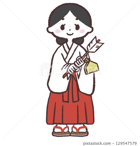 Illustration of a shrine maiden holding a hamaya arrow 129547579