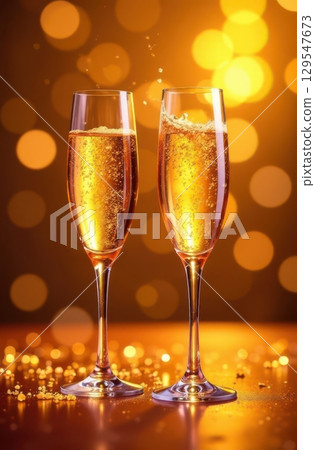Two champagne flutes overflowing with golden bubbly against festive bokeh background 129547673