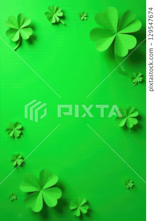 Green paper four-leaf clovers frame creating festive saint patrick's day background 129547674