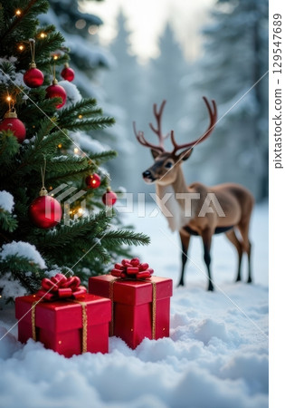 Christmas tree with red gift boxes and reindeer in snowy forest 129547689