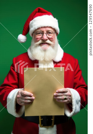 Santa claus holding blank vertical envelope mock up on green background 129547690