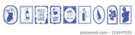 Italian wine sticker summer alcohol beverage doodle poster hand drawn Mediterranean dolce vita print 129547833