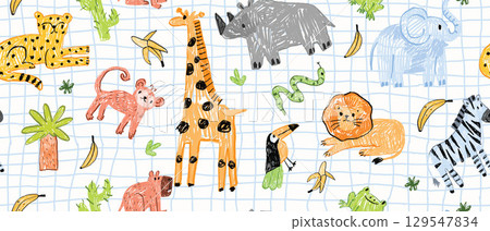 Animal kids seamless pattern, hand drawn childish doodle print, kindergarten naive scribble texture. 129547834