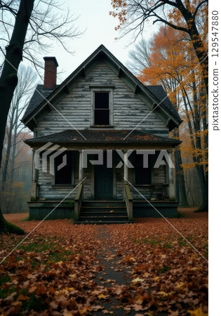Abandoned house surrounded by fallen autumn leaves in a foggy forest 129547880