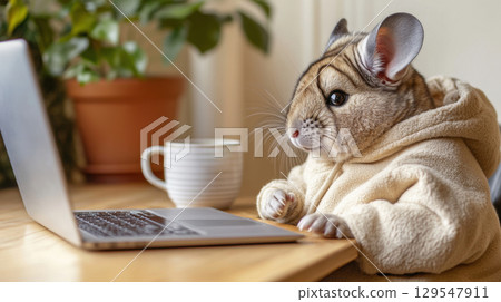 A chinchilla character in a soft hoodie sitting by a laptop with a coffee cup on a wooden desk for a cozy home office vibe 129547911