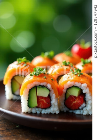 Uramaki sushi rolls with salmon, avocado, and tomato on a plate 129547942
