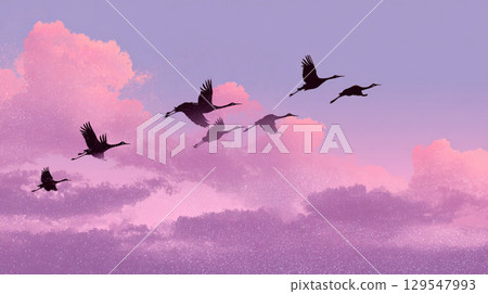 日落天空中飛翔的鶴的剪影插圖 日落天空中飛翔的鶴的剪影插圖 129547993