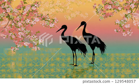 Japanese style cherry blossom and crane silhouette background illustration 129548057