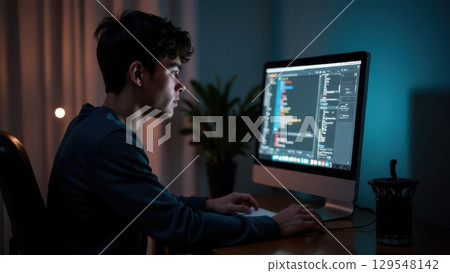 Focused young male software developer working on a project using a computer in a dimly lit room. 129548142
