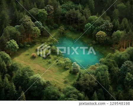 Forest lake with calm water and green trees all around. Peaceful 3D landscape for nature and travel themes. 129548198