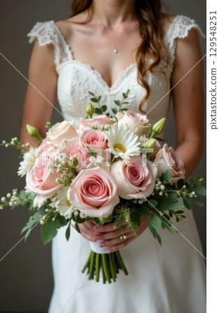Bride holding pink rose wedding bouquet: elegance and romance 129548251
