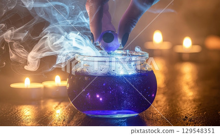A person is pouring a blue liquid into a glass bowl. The bowl is on a table with candles around it. The candles are lit, and the blue liquid is glowing in the light. The scene has a mystical 129548351