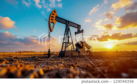 A black and yellow oil rig is in the middle of a field. The sky is orange and the sun is setting 129548356
