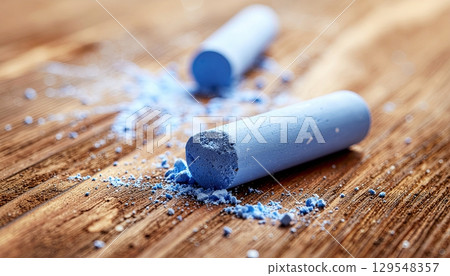 Two blue crayons are laying on a wooden surface. The crayons are broken and have blue powder on them 129548357