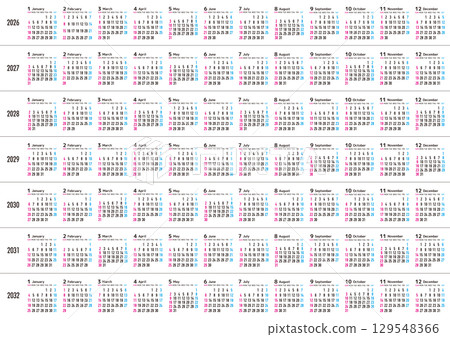 2026 年至 2032 年曆以星期日開始。無日本假日。 129548366