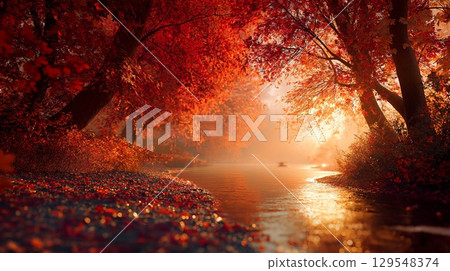 A riverside of autumn leaves illuminated by the setting sun 129548374