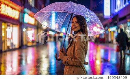 A woman is standing in the rain holding an umbrella. She is smiling and looking at the camera. The scene is set in a city with neon lights and a wet street A woman is standing in the rain holding an umbrella. She is smiling and looking at the camera. The scene is set in a city with neon lights and a wet street 129548409