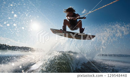 Wakeboarder jumping on a tow Wakeboarder jumping on a tow 129548448