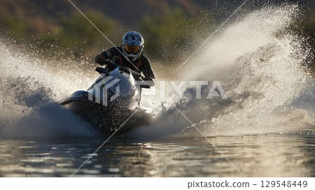 轉彎時水柱上升的水上摩托車 129548449