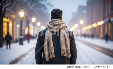 A man wearing a scarf and a black coat stands on a snowy street. The street is empty, and the man is the only person visible. The scene has a cold and lonely atmosphere A man wearing a scarf and a black coat stands on a snowy street. The street is empty, and the man is the only person visible. The scene has a cold and lonely atmosphere 129548518