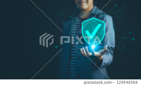 User show on hand identity proofing icon for security protection system on virtual screen. Concept of Quality assurance of business service, Certified guarantee approval or secure access system. 129548568