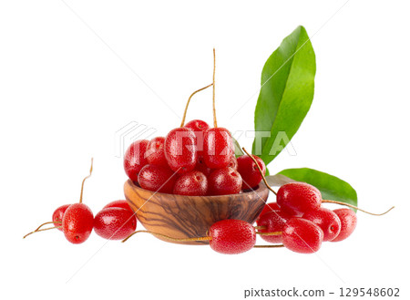 Elaeagnus multiflora isolated on white background. Cherry elaeagnus or cherry silverberry in wooden bowl. Goumi or gumi berry. Elaeagnus multiflora isolated on white background. Cherry elaeagnus or cherry silverberry in wooden bowl. Goumi or gumi berry. 129548602