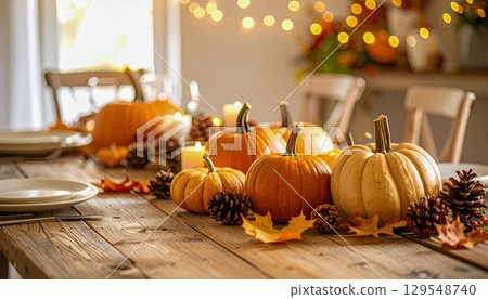 A table is set for a fall dinner with a variety of pumpkins and pine cones as decorations 129548740